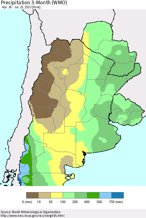 Southern South America Precipitation 3-Month (WMO) Thematic Map For 4/26/2023 - 7/25/2023
