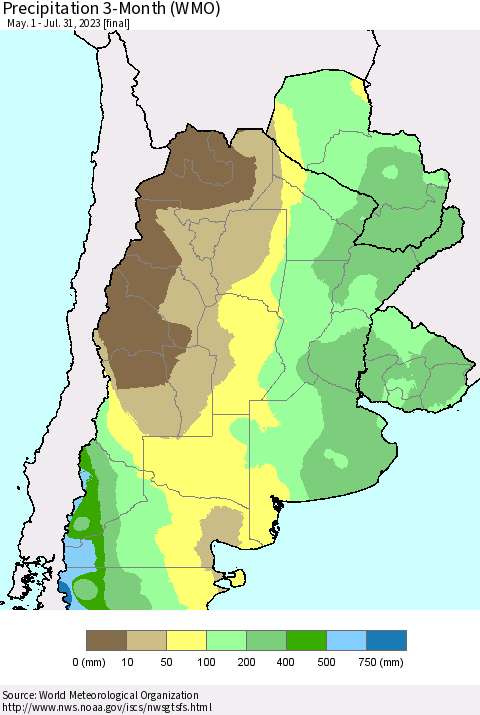 Southern South America Precipitation 3-Month (WMO) Thematic Map For 5/1/2023 - 7/31/2023