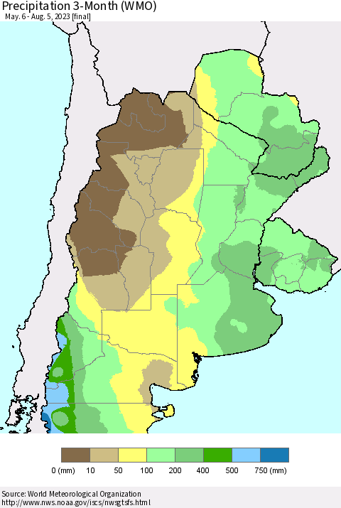 Southern South America Precipitation 3-Month (WMO) Thematic Map For 5/6/2023 - 8/5/2023