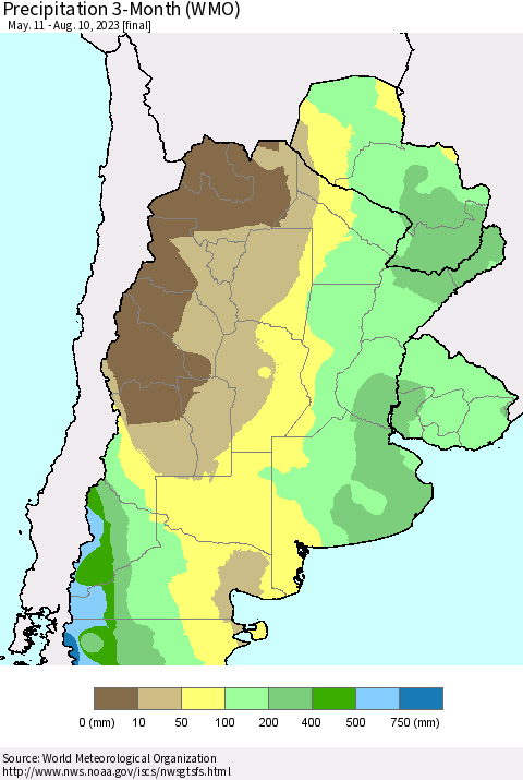 Southern South America Precipitation 3-Month (WMO) Thematic Map For 5/11/2023 - 8/10/2023