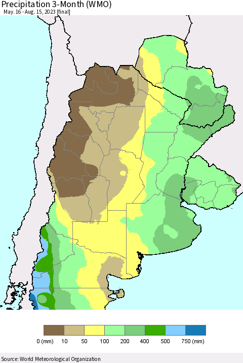 Southern South America Precipitation 3-Month (WMO) Thematic Map For 5/16/2023 - 8/15/2023
