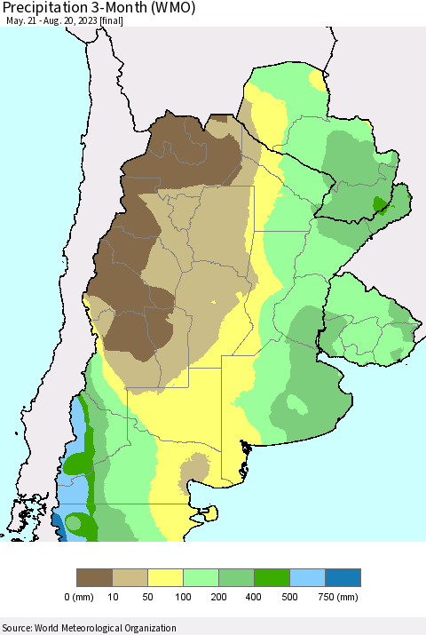 Southern South America Precipitation 3-Month (WMO) Thematic Map For 5/21/2023 - 8/20/2023