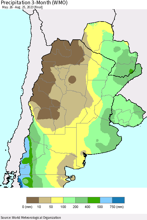 Southern South America Precipitation 3-Month (WMO) Thematic Map For 5/26/2023 - 8/25/2023