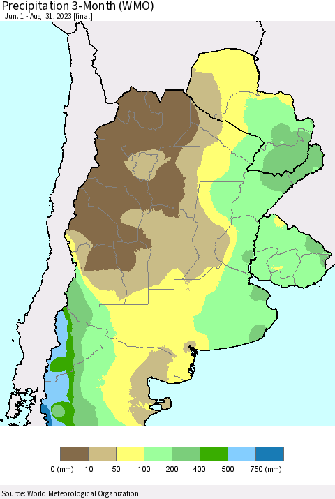 Southern South America Precipitation 3-Month (WMO) Thematic Map For 6/1/2023 - 8/31/2023