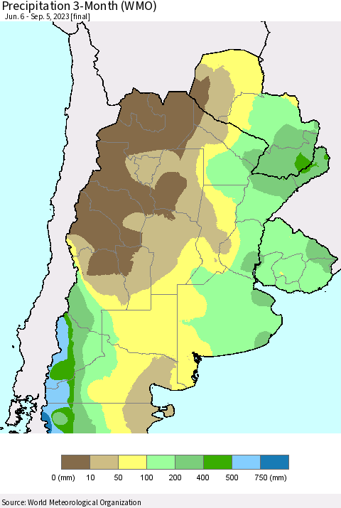 Southern South America Precipitation 3-Month (WMO) Thematic Map For 6/6/2023 - 9/5/2023