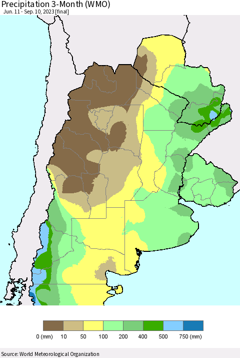 Southern South America Precipitation 3-Month (WMO) Thematic Map For 6/11/2023 - 9/10/2023