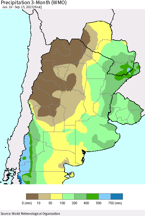 Southern South America Precipitation 3-Month (WMO) Thematic Map For 6/16/2023 - 9/15/2023