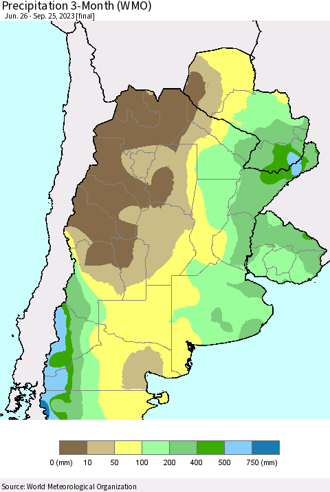 Southern South America Precipitation 3-Month (WMO) Thematic Map For 6/26/2023 - 9/25/2023