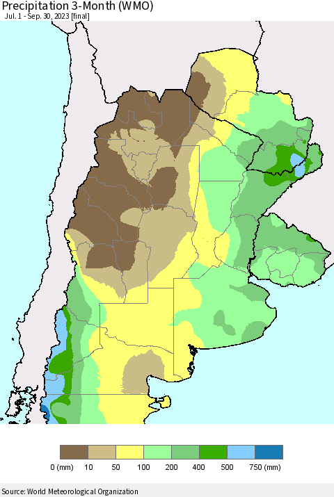 Southern South America Precipitation 3-Month (WMO) Thematic Map For 7/1/2023 - 9/30/2023