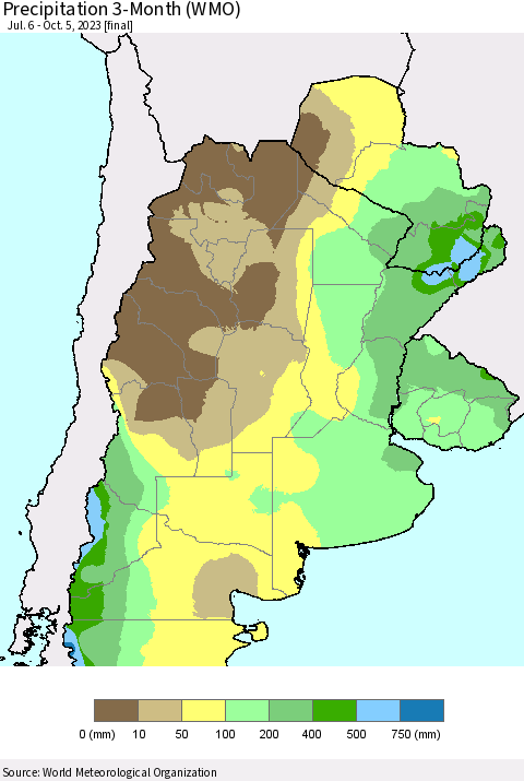 Southern South America Precipitation 3-Month (WMO) Thematic Map For 7/6/2023 - 10/5/2023