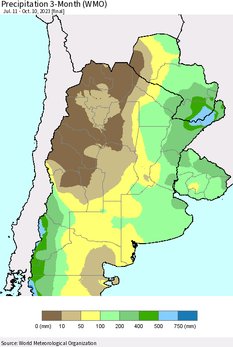 Southern South America Precipitation 3-Month (WMO) Thematic Map For 7/11/2023 - 10/10/2023