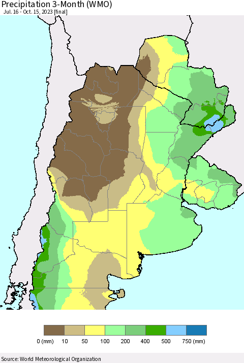 Southern South America Precipitation 3-Month (WMO) Thematic Map For 7/16/2023 - 10/15/2023