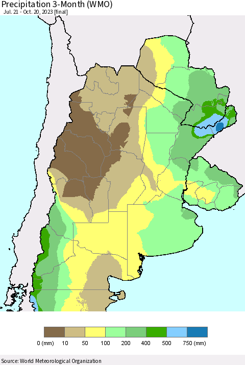Southern South America Precipitation 3-Month (WMO) Thematic Map For 7/21/2023 - 10/20/2023