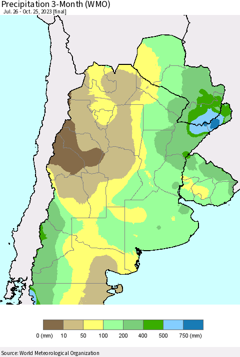 Southern South America Precipitation 3-Month (WMO) Thematic Map For 7/26/2023 - 10/25/2023