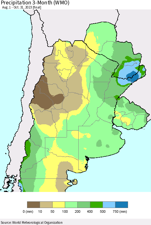 Southern South America Precipitation 3-Month (WMO) Thematic Map For 8/1/2023 - 10/31/2023
