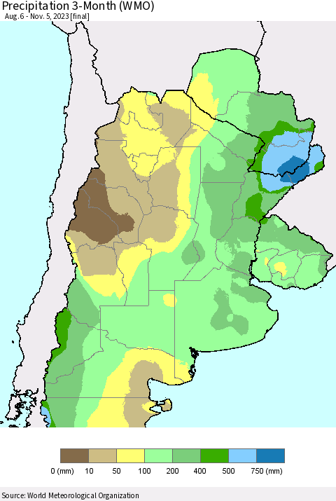 Southern South America Precipitation 3-Month (WMO) Thematic Map For 8/6/2023 - 11/5/2023