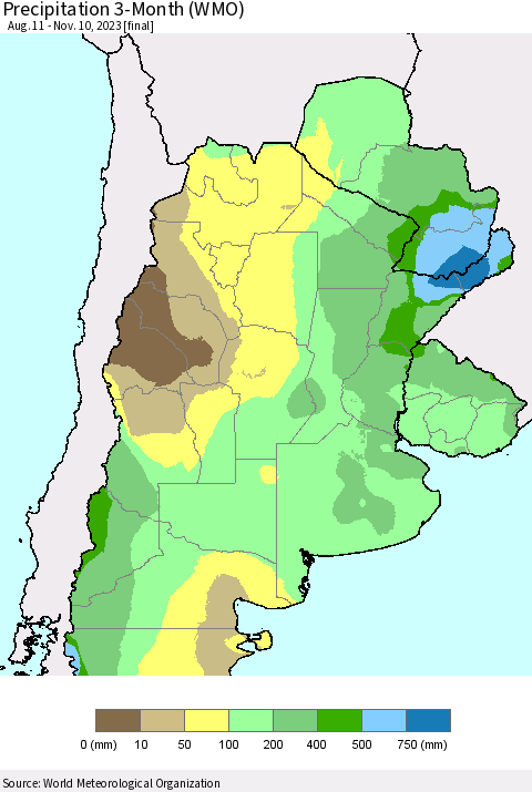 Southern South America Precipitation 3-Month (WMO) Thematic Map For 8/11/2023 - 11/10/2023