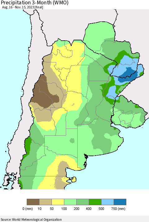 Southern South America Precipitation 3-Month (WMO) Thematic Map For 8/16/2023 - 11/15/2023