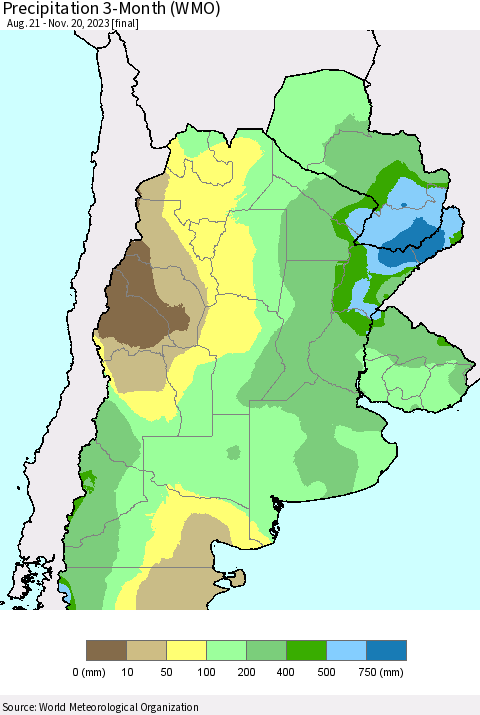 Southern South America Precipitation 3-Month (WMO) Thematic Map For 8/21/2023 - 11/20/2023