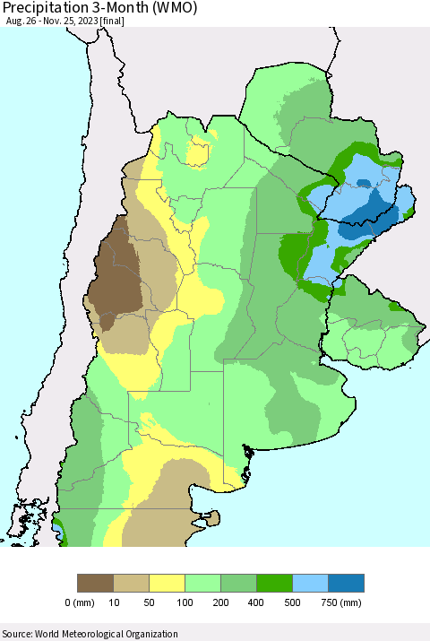 Southern South America Precipitation 3-Month (WMO) Thematic Map For 8/26/2023 - 11/25/2023