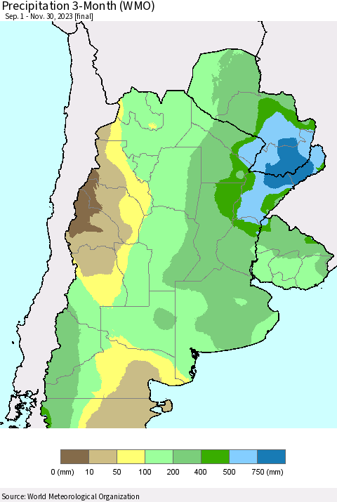 Southern South America Precipitation 3-Month (WMO) Thematic Map For 9/1/2023 - 11/30/2023