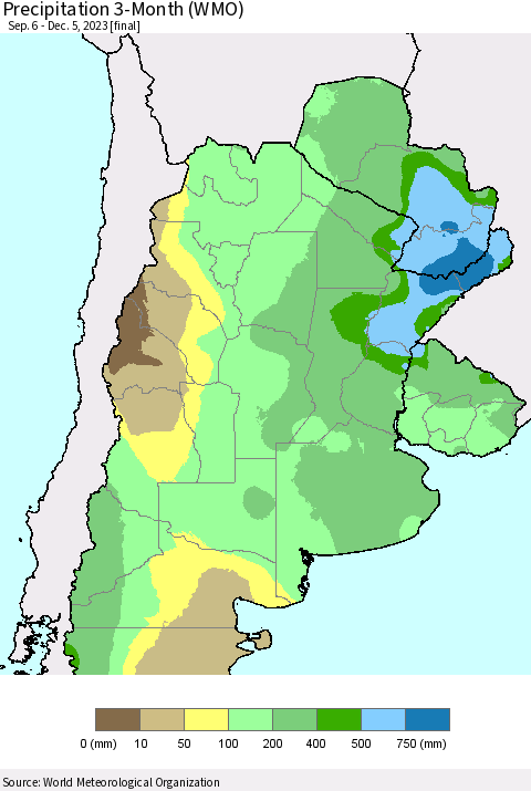 Southern South America Precipitation 3-Month (WMO) Thematic Map For 9/6/2023 - 12/5/2023