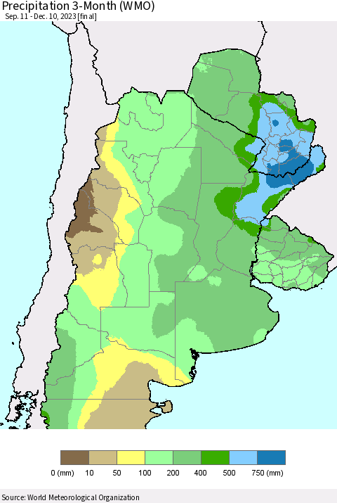 Southern South America Precipitation 3-Month (WMO) Thematic Map For 9/11/2023 - 12/10/2023