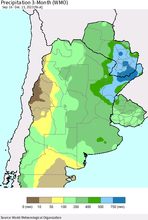 Southern South America Precipitation 3-Month (WMO) Thematic Map For 9/16/2023 - 12/15/2023