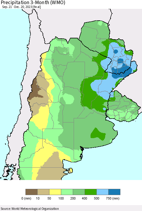 Southern South America Precipitation 3-Month (WMO) Thematic Map For 9/21/2023 - 12/20/2023