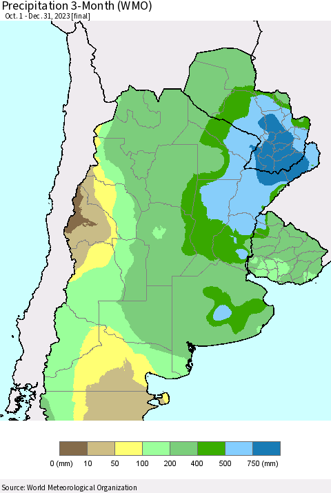 Southern South America Precipitation 3-Month (WMO) Thematic Map For 10/1/2023 - 12/31/2023