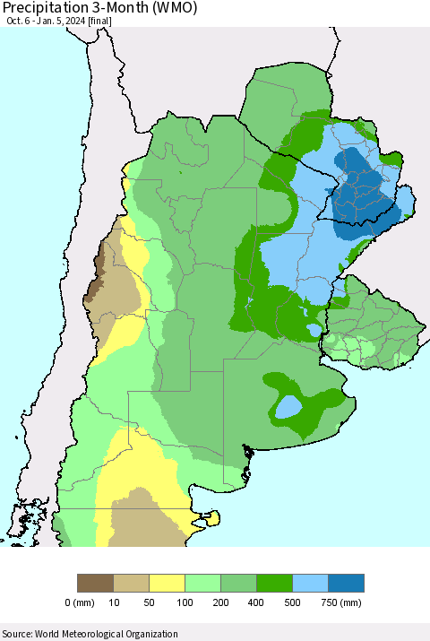 Southern South America Precipitation 3-Month (WMO) Thematic Map For 10/6/2023 - 1/5/2024