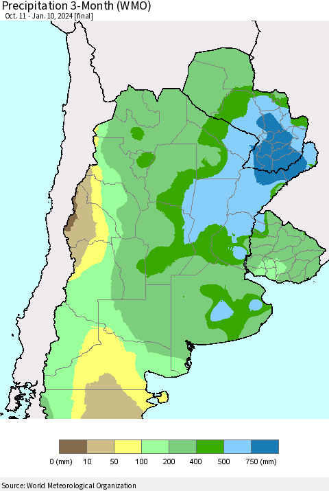 Southern South America Precipitation 3-Month (WMO) Thematic Map For 10/11/2023 - 1/10/2024
