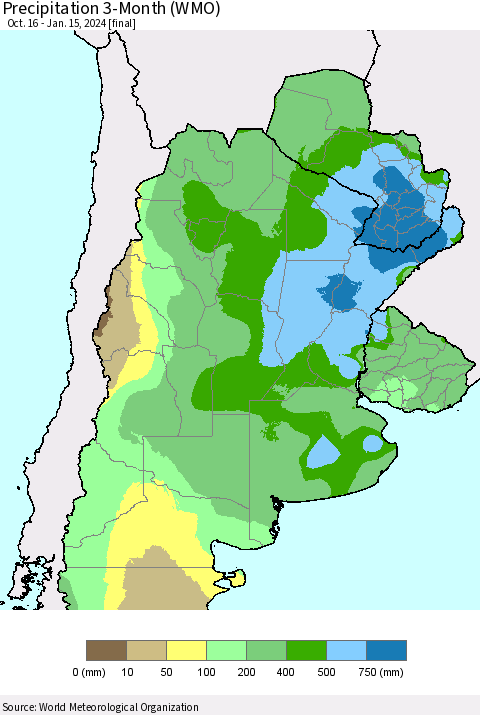 Southern South America Precipitation 3-Month (WMO) Thematic Map For 10/16/2023 - 1/15/2024