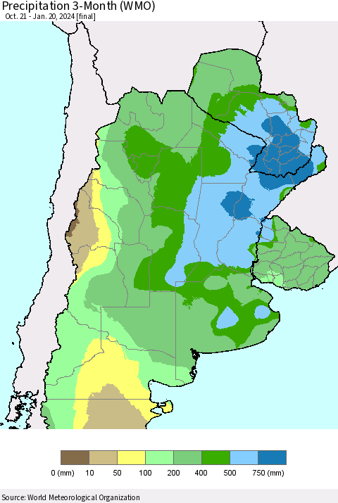 Southern South America Precipitation 3-Month (WMO) Thematic Map For 10/21/2023 - 1/20/2024