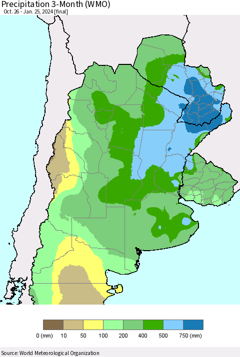 Southern South America Precipitation 3-Month (WMO) Thematic Map For 10/26/2023 - 1/25/2024