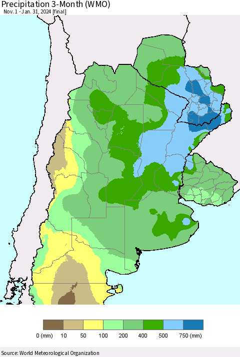 Southern South America Precipitation 3-Month (WMO) Thematic Map For 11/1/2023 - 1/31/2024