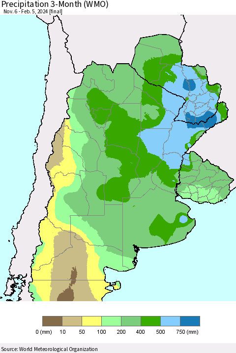 Southern South America Precipitation 3-Month (WMO) Thematic Map For 11/6/2023 - 2/5/2024