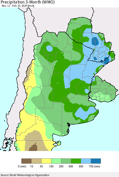 Southern South America Precipitation 3-Month (WMO) Thematic Map For 11/11/2023 - 2/10/2024