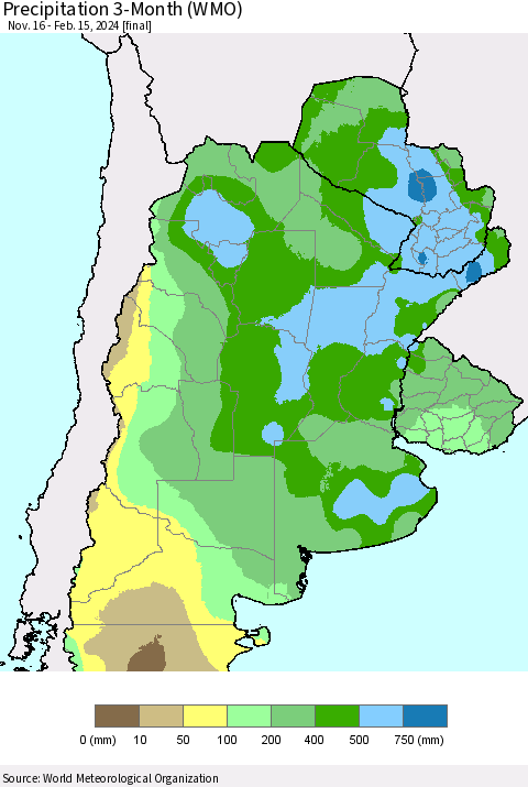 Southern South America Precipitation 3-Month (WMO) Thematic Map For 11/16/2023 - 2/15/2024