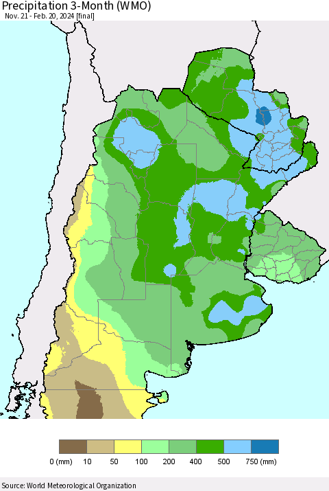 Southern South America Precipitation 3-Month (WMO) Thematic Map For 11/21/2023 - 2/20/2024