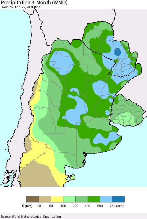 Southern South America Precipitation 3-Month (WMO) Thematic Map For 11/26/2023 - 2/25/2024