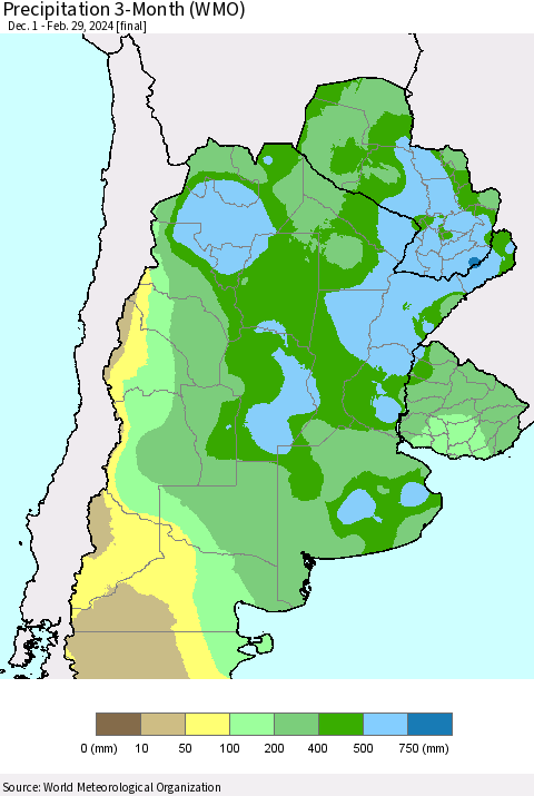 Southern South America Precipitation 3-Month (WMO) Thematic Map For 12/1/2023 - 2/29/2024