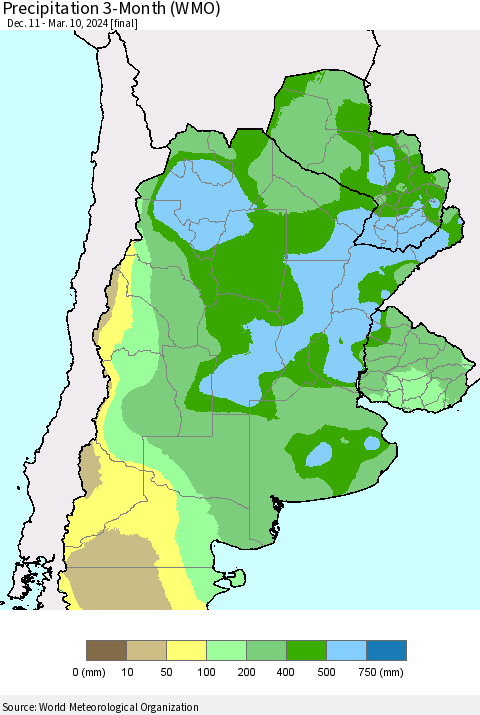 Southern South America Precipitation 3-Month (WMO) Thematic Map For 12/11/2023 - 3/10/2024