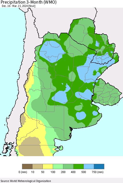 Southern South America Precipitation 3-Month (WMO) Thematic Map For 12/16/2023 - 3/15/2024