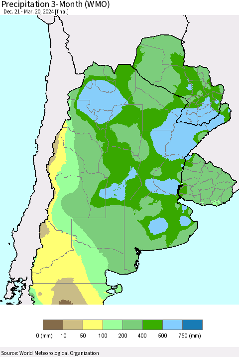 Southern South America Precipitation 3-Month (WMO) Thematic Map For 12/21/2023 - 3/20/2024