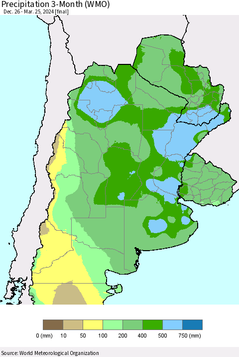 Southern South America Precipitation 3-Month (WMO) Thematic Map For 12/26/2023 - 3/25/2024