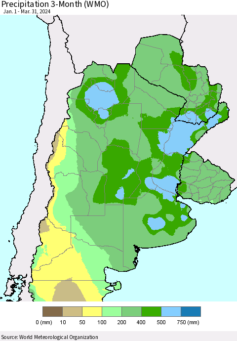 Southern South America Precipitation 3-Month (WMO) Thematic Map For 1/1/2024 - 3/31/2024