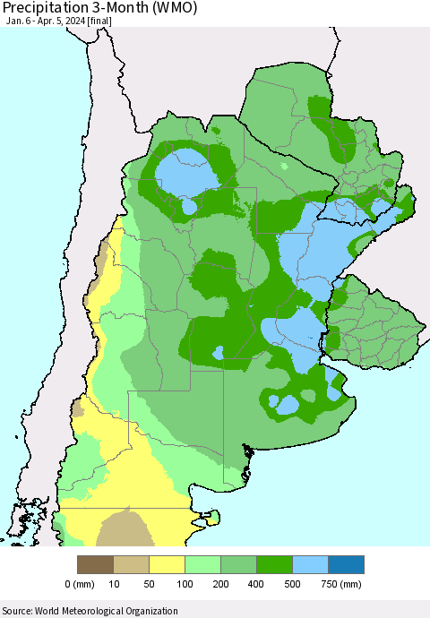 Southern South America Precipitation 3-Month (WMO) Thematic Map For 1/6/2024 - 4/5/2024