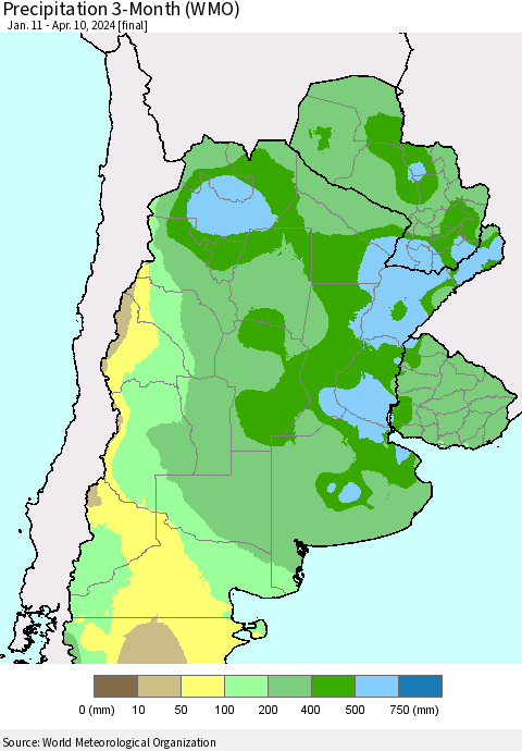 Southern South America Precipitation 3-Month (WMO) Thematic Map For 1/11/2024 - 4/10/2024