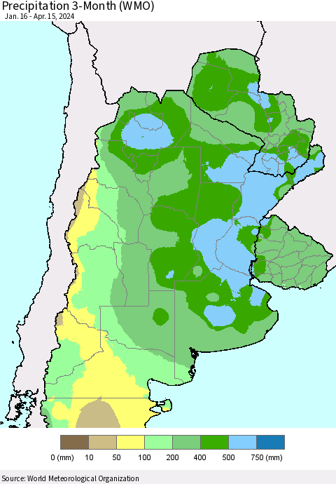Southern South America Precipitation 3-Month (WMO) Thematic Map For 1/16/2024 - 4/15/2024